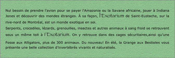 Nul besoin de prendre l'avion pour se payer l'Amazonie ou la Savane africaine, jouer à Indiana Jones et découvrir des mondes étranges. À sa façon, l'Exotarium de Saint-Eustache, sur la rive-nord de Montréal, est un monde exotique en soi.
Serpents, crocodiles, lézards, grenouilles, insectes et autres animaux à sang froid se retrouvent sous un même toit à l’Exotarium. On y retrouve dans des cages sécuritaires,ainsi qu’une Fosse aux Alligators, plus de 300 animaux. Du nouveau! En été, la Grange aux Bestioles vous présente une belle collection d’invertébrés vivants et naturalisés.
